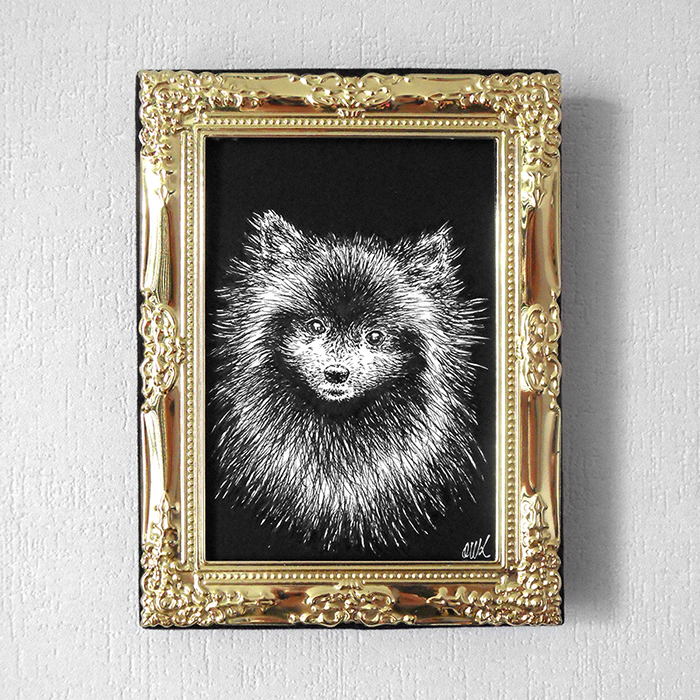 Portrait personnalisé d'un chien de race Spitz nain, par l'artiste Okograph.