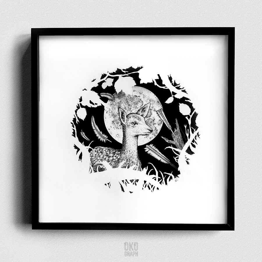 ” Artémis ” - Stylos-feutres, encre de Chine, découpage et collage sur papier - 38 x 38 cm - 2021