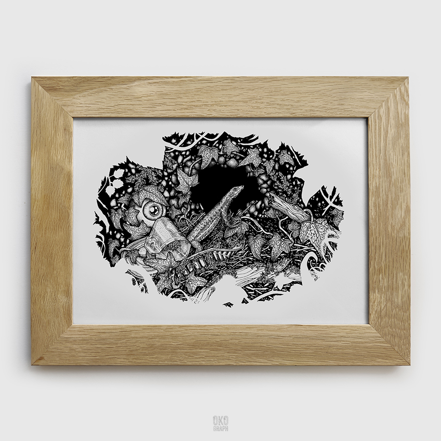 " Mon débris de maison : Le lézard " - Stylos-feutres et encre de Chine sur papier - 36,5 × 28 cm - 2022